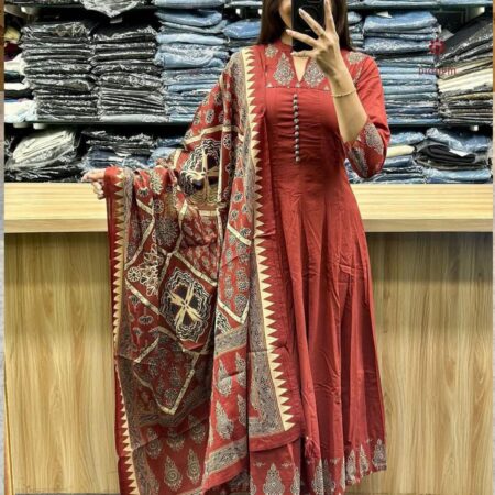 Latest Design Burnt Red Printed Anarkali Katha Work Suit Set