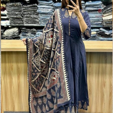 Latest Design Indigo Blue Printed Anarkali Katha Work Suit Set