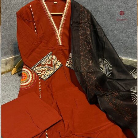 Latest Design Red Pure Cotton Embroidered Pocket Suit Set