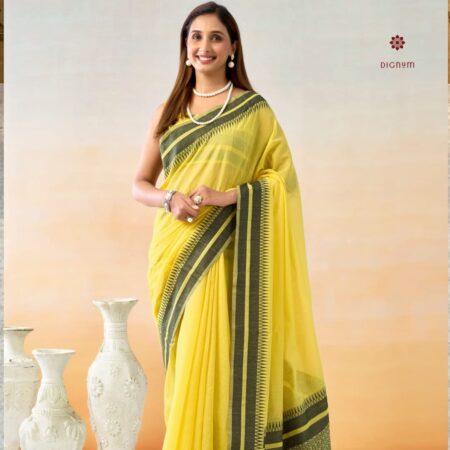 Latest Design Yellow Temple Border Linen Cotton Saree