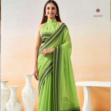 Latest Design Parrot Green Temple Border Linen Cotton Saree