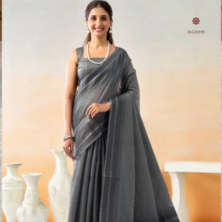 Latest Design Grey Temple Border Linen Cotton Saree