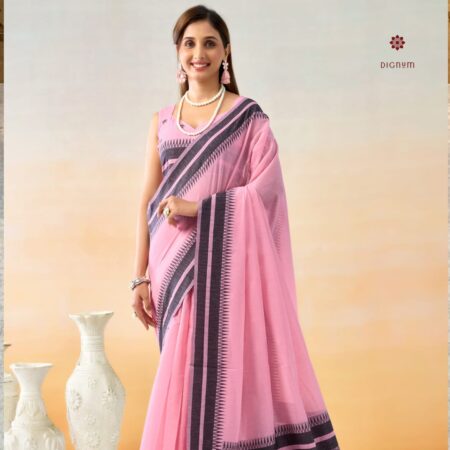 Latest Design Pink Temple Border Linen Cotton Saree