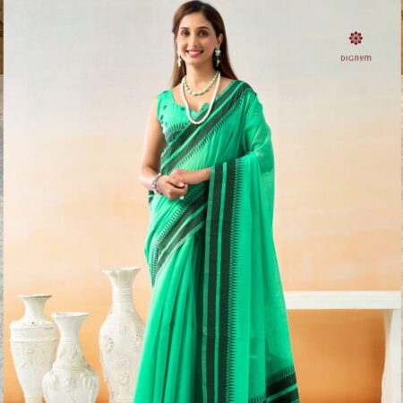 Latest Design Sea Green Temple Border Linen Cotton Saree