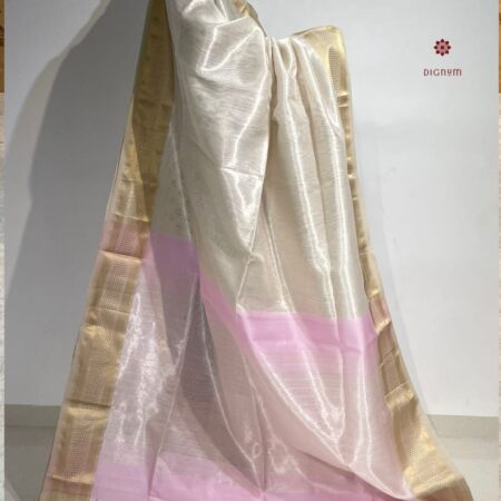 Latest Design White and Pink Pure Tissue Silk Maheshwari Saree