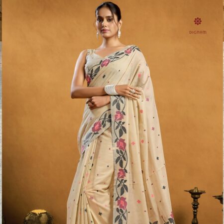 Latest Design Beige Pure Muga Cotton Jamdani Saree
