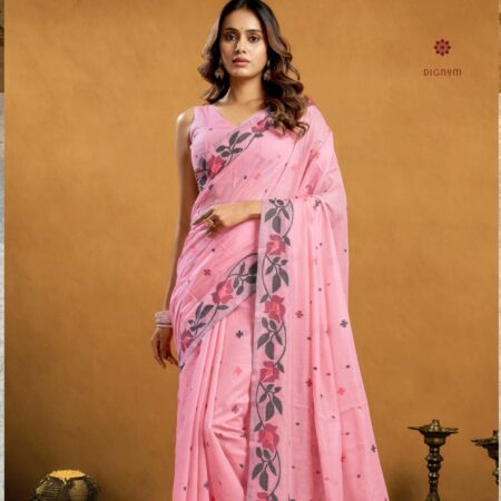 Latest Design Pink Pure Muga Cotton Jamdani Saree