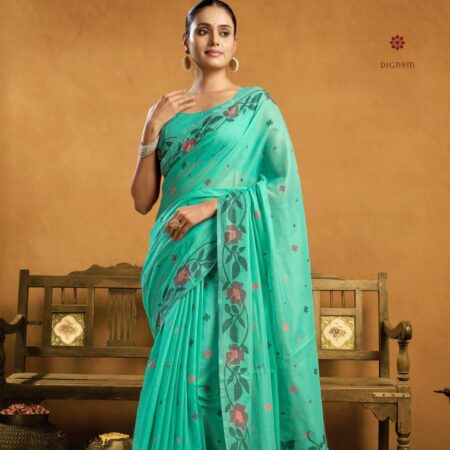 Latest Design Sea Green Pure Muga Cotton Jamdani Saree