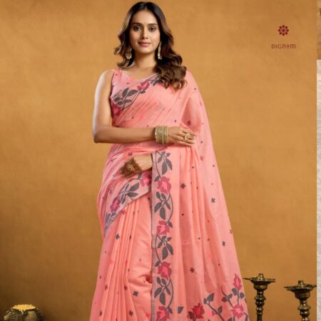 Latest Design Peach Pure Muga Cotton Jamdani Saree