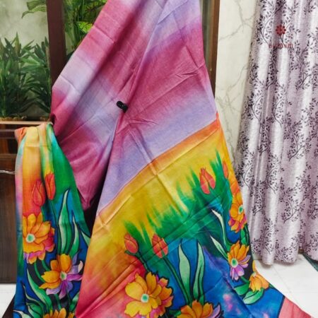 Latest Design Multicolor Pure Gachi Tussar Silk Hand Painted Saree