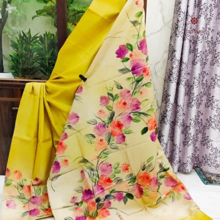 Latest Design Yellow Pure Gachi Tussar Silk Hand Painted Saree