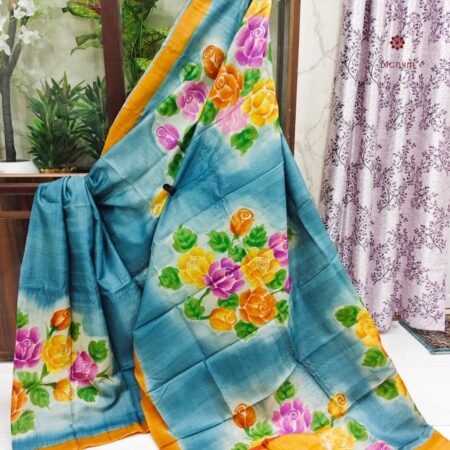 Latest Design Maya Blue Pure Gachi Tussar Silk Hand Painted Saree