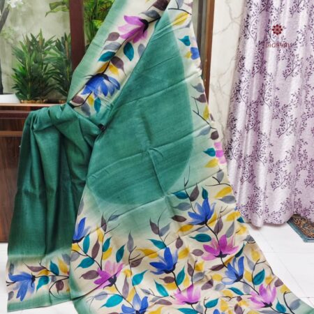 Latest Design Rama Green Pure Gachi Tussar Silk Hand Painted Saree