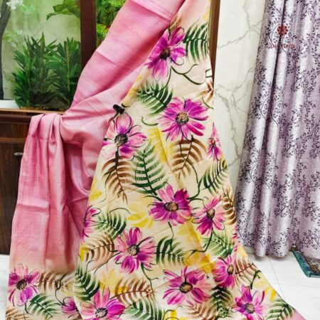 Latest Design Pink Pure Gachi Tussar Silk Hand Painted Saree