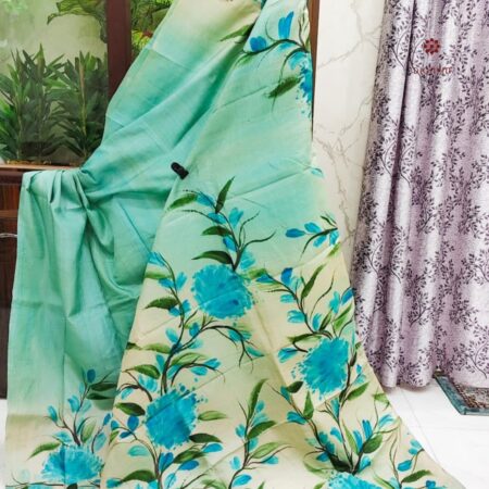 Latest Design Pastel Blue Pure Gachi Tussar Silk Hand Painted Saree