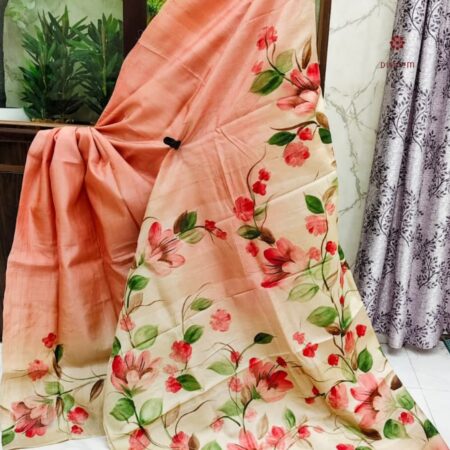 Latest Design Peach Pure Gachi Tussar Silk Hand Painted Saree