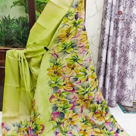 Latest Design Pear Green Pure Gachi Tussar Silk Hand Painted Saree