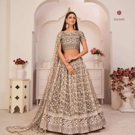 Latest Design Chiku Brown Embroidered Net Lehenga Choli