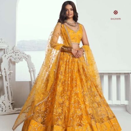 Latest Design Yellow Embroidered Butterfly Net Lehenga Set