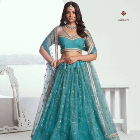 Latest Design Rama Green Embroidered Butterfly Net Lehenga Set