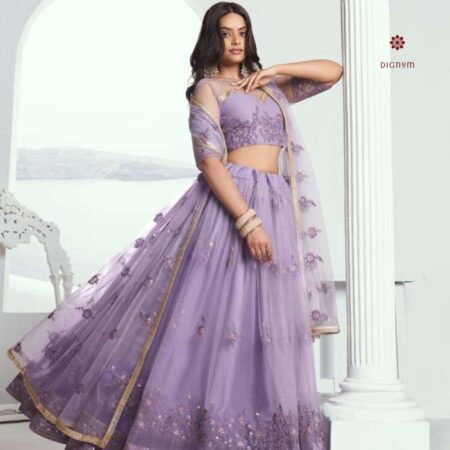 Latest Design Lavender Embroidered Butterfly Net Lehenga Set