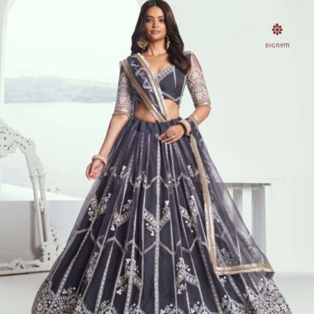 Latest Design Grey Butterfly Net Embroidered Lehenga Set