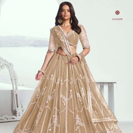 Latest Design Light Brown Embroidered Butterfly Net Lehenga Set