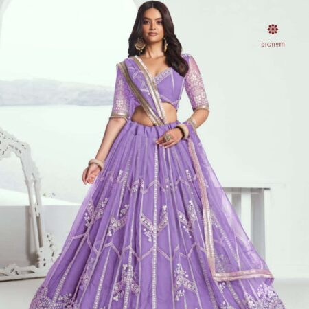 Latest Design Lavender Embroidered Butterfly Net Lehenga Set