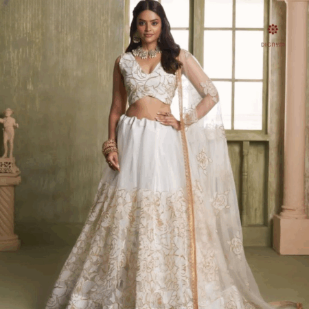 Latest Design Pearl White Embroidered Butterfly Net Lehenga Set