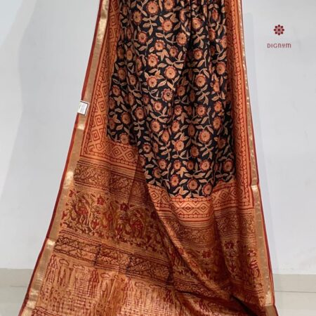 Latest Design Orange & Black Handwoven Pure Silk Designer Print Saree