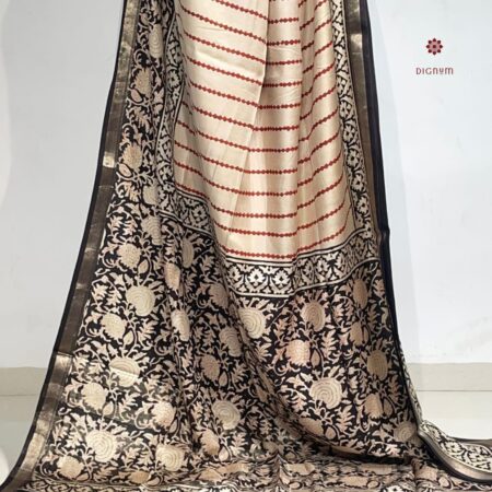 Latest Design White & Black Handwoven Pure Silk Designer Print Saree