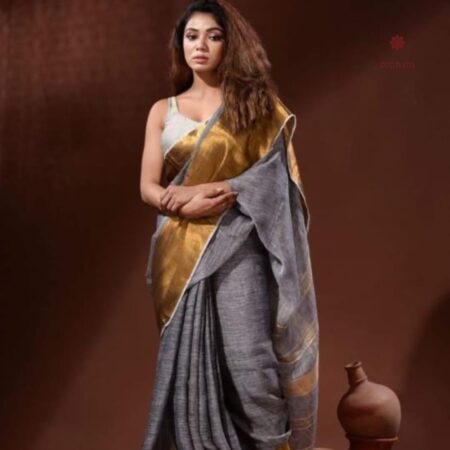 Latest Design Grey Pure Linen Handwoven Saree