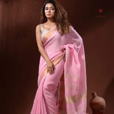 Latest Design Pink Pure Linen Handwoven Saree