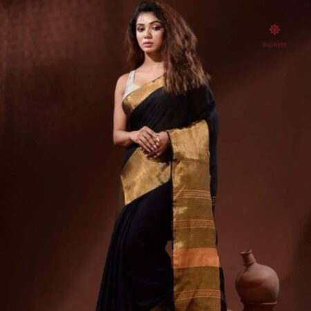 Latest Design Black Pure Linen Handwoven Saree