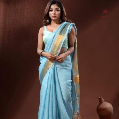 Latest Design Sky Blue Pure Linen Handwoven Saree