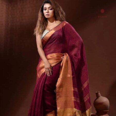 Latest Design Maroon Pure Linen Handwoven Saree