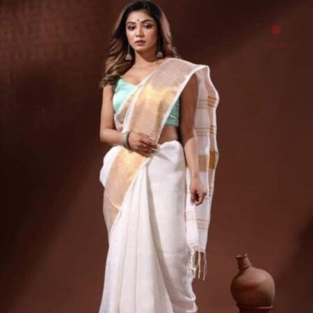 Latest Design White Pure Linen Handwoven Saree