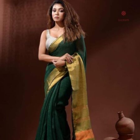 Latest Design Dark Green Pure Linen Handwoven Saree