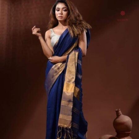 Latest Design Dark Blue Pure Linen Handwoven Saree