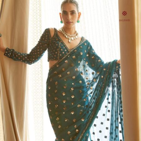 Latest Design Teal Green Sequins Embroidered Saree