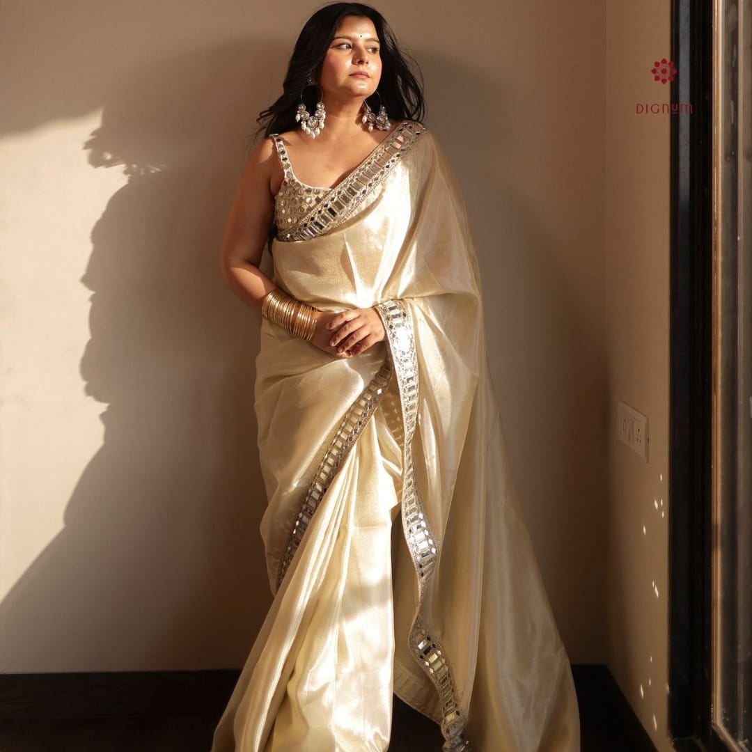 Latest Design Beige Satin Mirror Embellished Work Saree