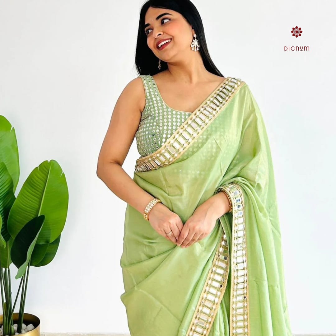Latest Design Pear Green Satin Mirror Embellished Work Saree