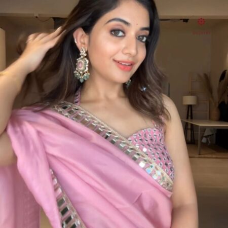 Latest Design Pink Satin Mirror Embellished Work Saree