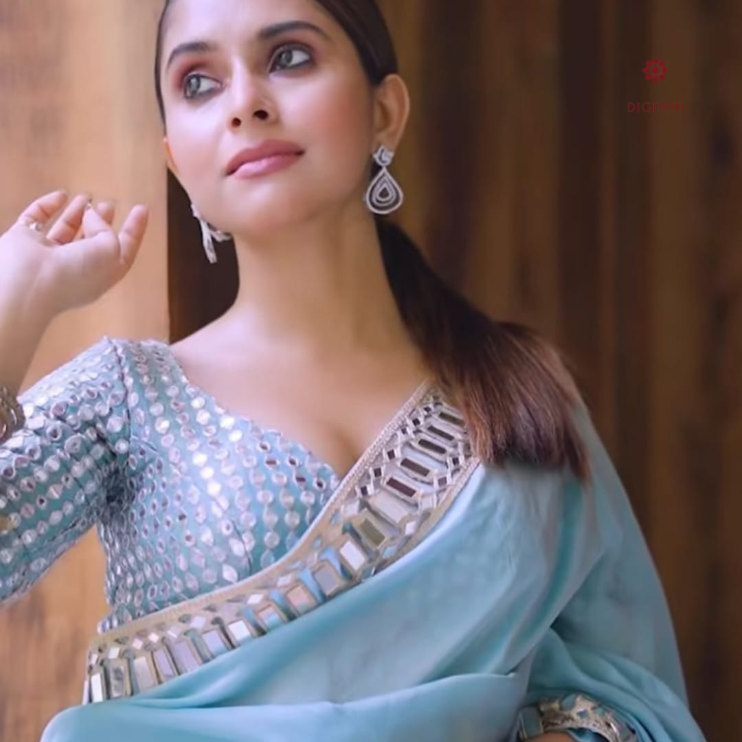 Latest Design Sky Blue Satin Mirror Embellished Work Saree