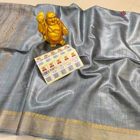 Latest Design Silver Grey Pure Tussar Munga Banarasi Saree