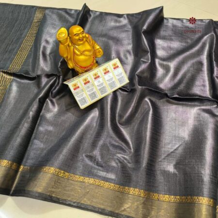 Latest Design Slate Grey Pure Tussar Munga Banarasi Saree