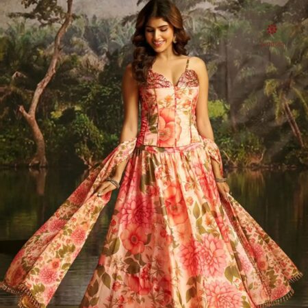 Latest Design Peach Georgette Corset Lehenga Set